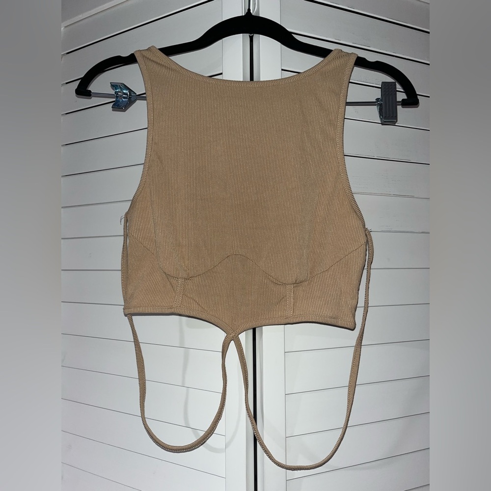 SHEIN Tan Ribbed Tie-Back Crop Tank